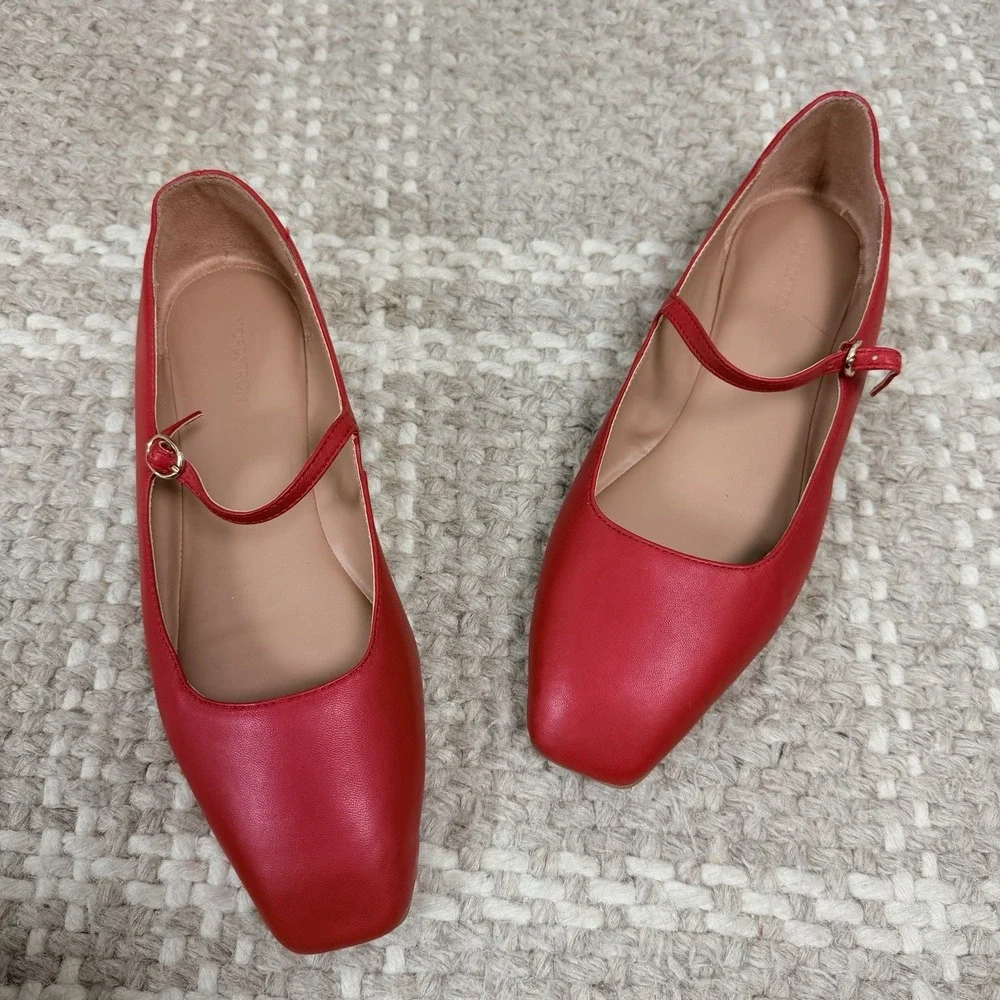 Nordstrom Red Mary Jane Leather Flats with Square Toe